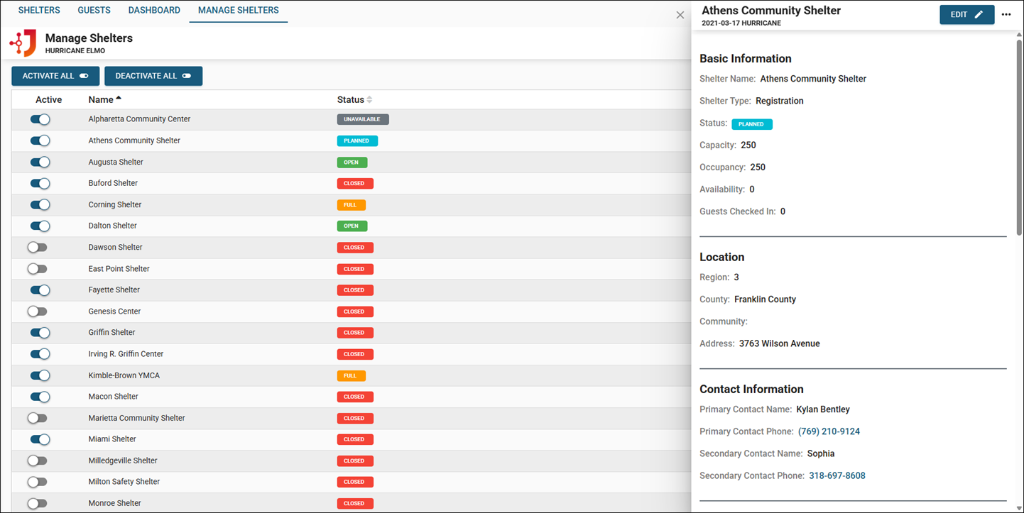Click image to enlarge Manage Shelters
